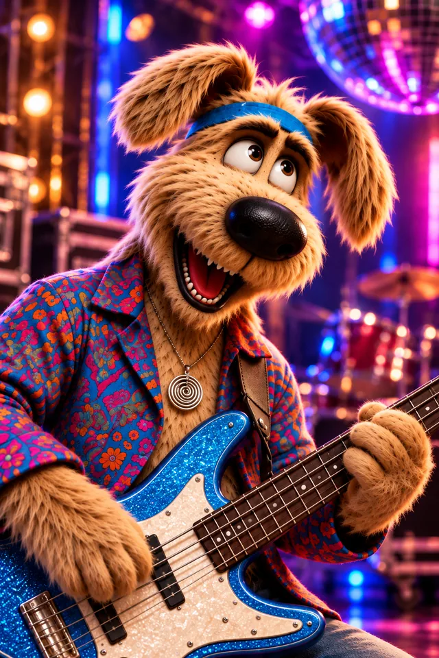 Duke, a shaggy tan dog in a blue headband, playing a glittering blue bass