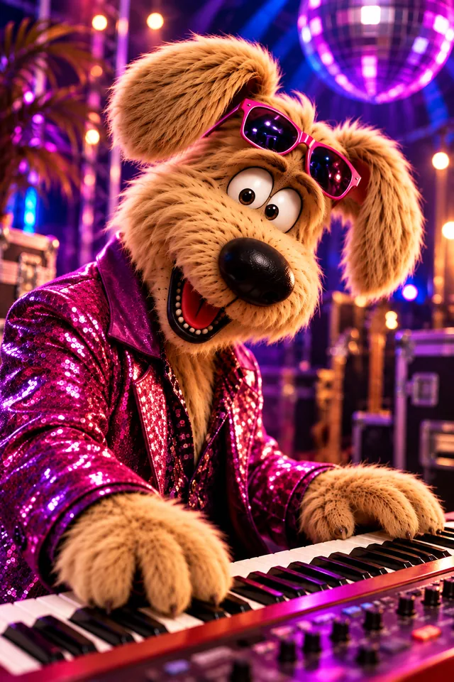 Sam, a shaggy tan dog in pink sunglasses and a magenta sequin jacket, at a synthesizer